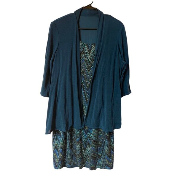 Peacock Chevron Pattern Sleeveless Dress With 3/4 Sleeve Open Front Cardigan 2X - Picture 2 of 10
